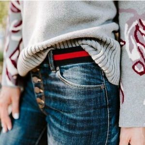CAbi button fly skinny jeans Red Belted Dark wash. Size 4.